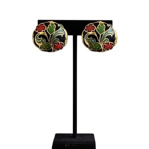 Vintage Cloisonné Floral Enamel Gold-Tone Stud Earrings